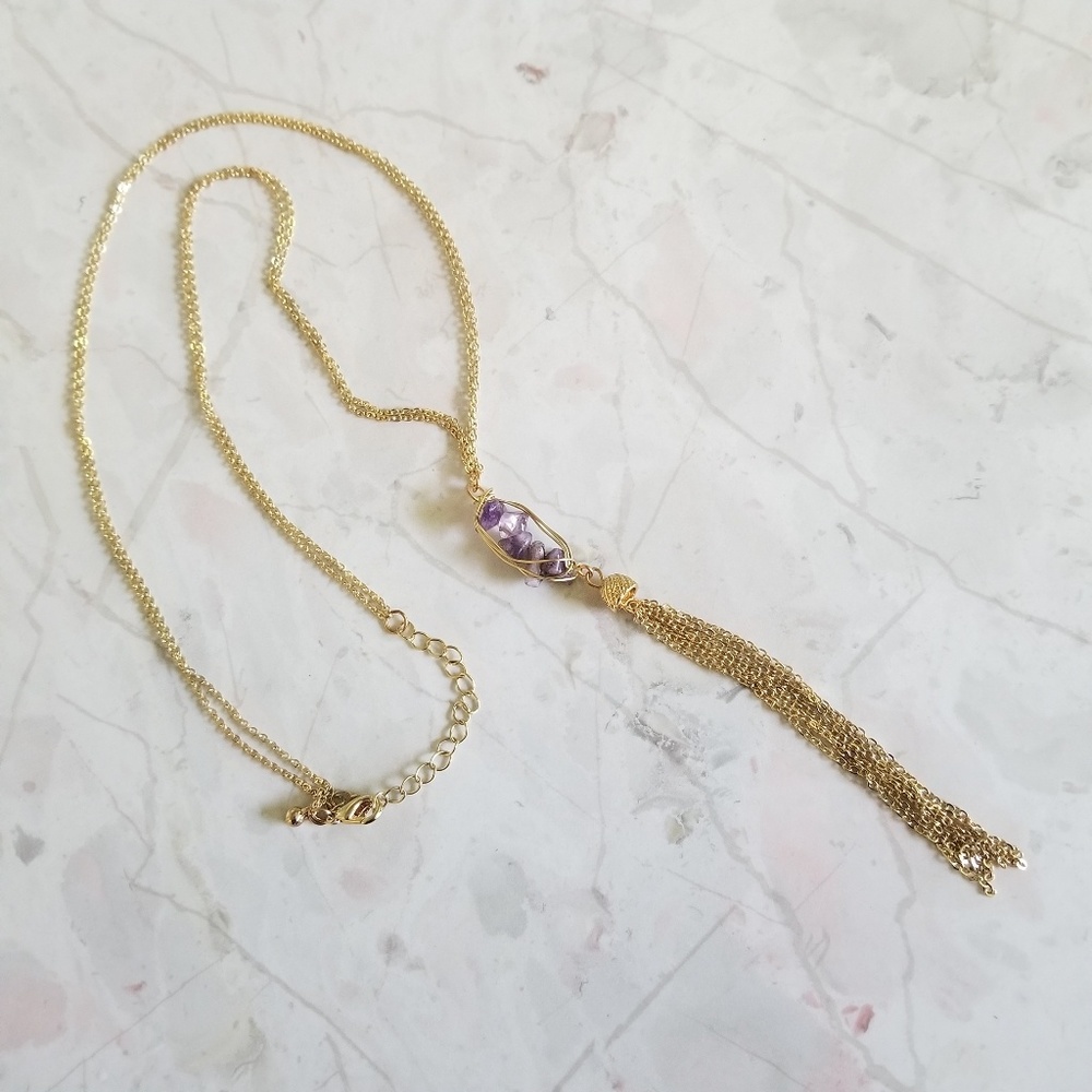 Necklace Gold Chain Tassel Purple Amethyst Pendant
